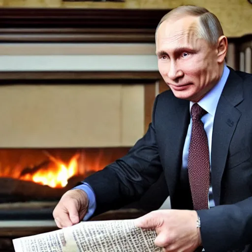 Prompt: vladimir putin in a waistcoat staring at a log fire photograph newspaper award winning