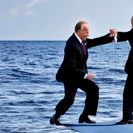 Image similar to biden and putin dancing on the ocean, close up, high quality photograph