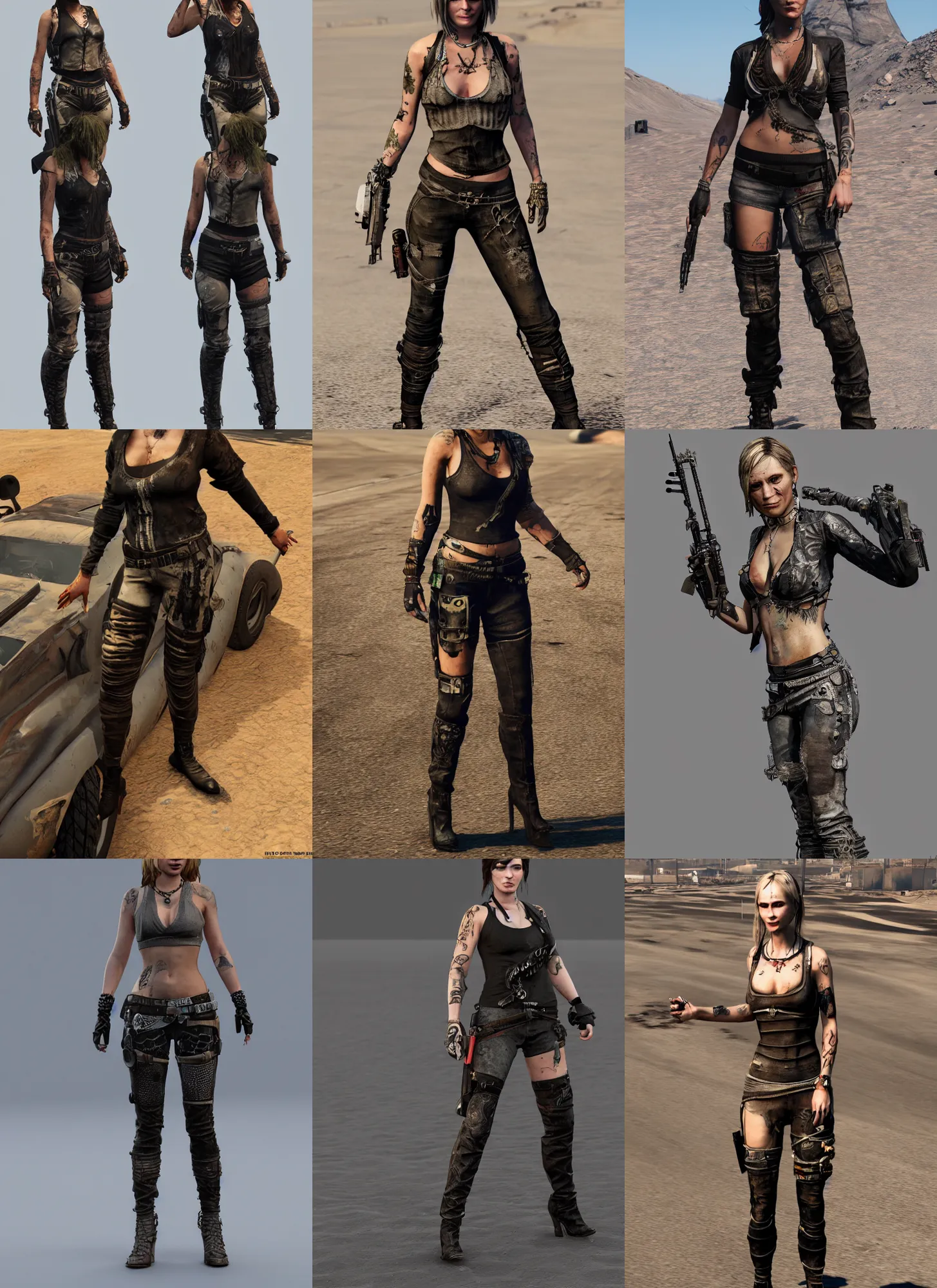 Prompt: detailed full body concept, gtav style mad max female with beautiful face wearing intricate clothing, octan render, 4 k
