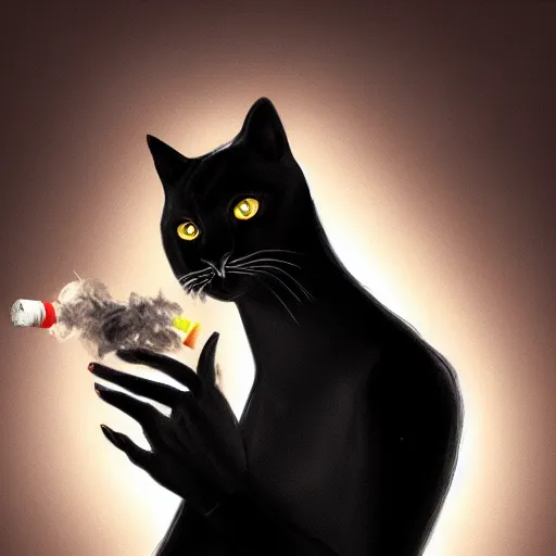 Image similar to a portrait of a black cat smoking a cigarette fantasy intricate cinematic lighting highly detailed digital painting artstation concept art smooth