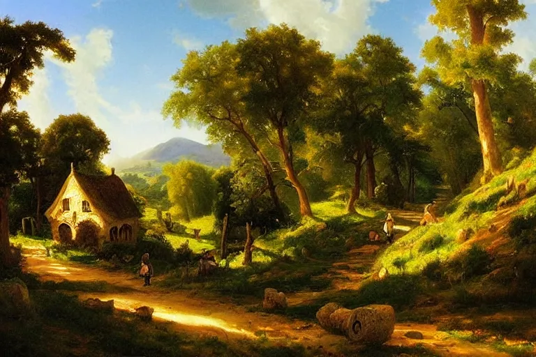 Image similar to asher brown durand oil painting on canvas of tolkien's the shire hobbiton