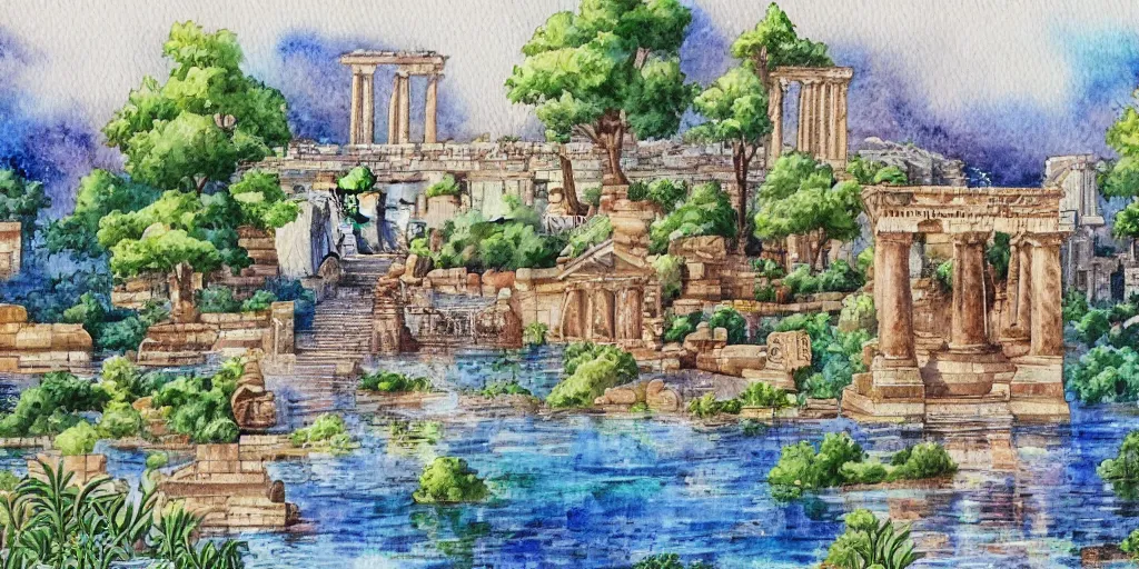 Prompt: Fantasy city with a flooded area, fountain, aqueduct, ancient Greek temple, marble estates. In colorful watercolor style