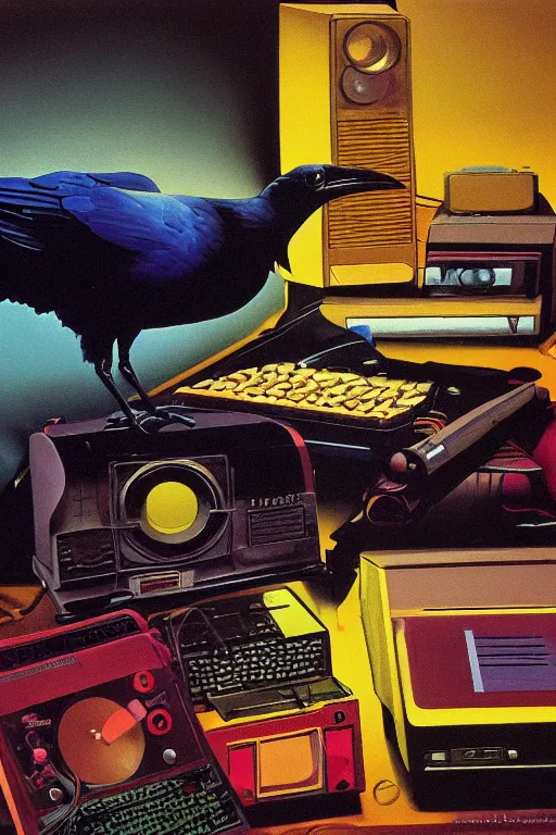 Image similar to a raven digging through 8 0 s era technology, vintage shapes, retro technology, happy color, wayne barlow, oil on canvas, deep depth of field, masterpiece, cinematic composition, hyperdetailed