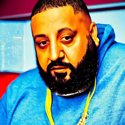 Image similar to ultra detailed portrait photo of dj khaled in a studio, blue, under red and yellow cinematic lighting, by van gogh, cartoon