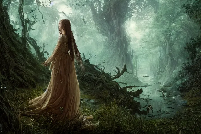 Prompt: detailed intricate digital illustration by greg rutkowski and david friedrich and ruan jia and fenghua zhong and steven belledi ; portrait of fairy girl standing in gothic fantasy valley and forest faerie fey unseelie in background ; 1 3 mm film, arri alfa anamorphic lens ; sharp focus, eventide, fireflies ; trending on artstation 8 k