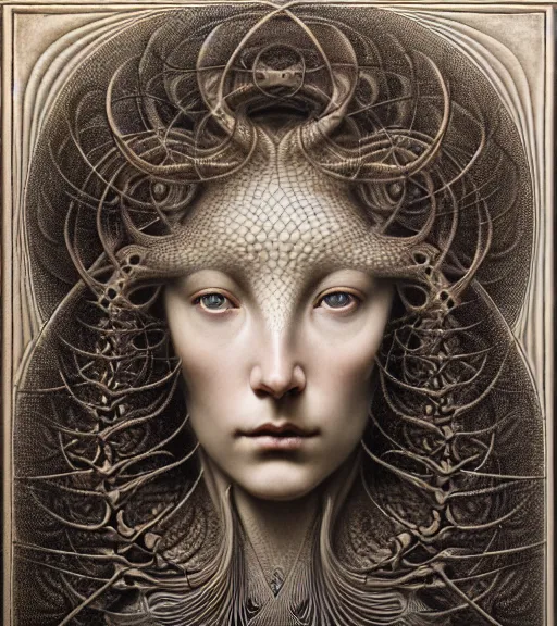 Prompt: detailed realistic beautiful equinox goddess face portrait by jean delville, gustave dore, iris van herpen and marco mazzoni, art forms of nature by ernst haeckel, art nouveau, symbolist, visionary, gothic, neo - gothic, pre - raphaelite, fractal lace, intricate alien botanicals, ai biodiversity, surreality, hyperdetailed ultrasharp octane render