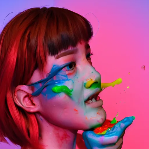 Image similar to born again christian tiktok influencer eating melting crayons and winking to their followers, in the style of james jean, artstation trending, 8 k, 3 d render, photorealistic, volumetric lighting caustics, pink