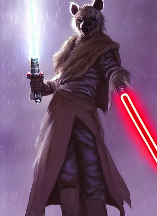 Prompt: beautiful portrait commission of a male furry anthro hyena fursona wearing jedi robes and wielding a red lightsaber in a cyberpunk city at night in the rain. character design by charlie bowater, ross tran, artgerm, and makoto shinkai, detailed, inked, western comic book art