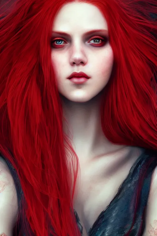 Image similar to extreme close up red haired vampire character portrait, beautiful face, cinematic lighting, hyper - detailed, cgsociety, 8 k, high resolution, in the style of charlie bowater, tom bagshaw, single face, symmetrical, headshot photograph, insanely detailed and intricate, cinematic, portrait, raphaelite, headroom, artstation, pierre - auguste renoir