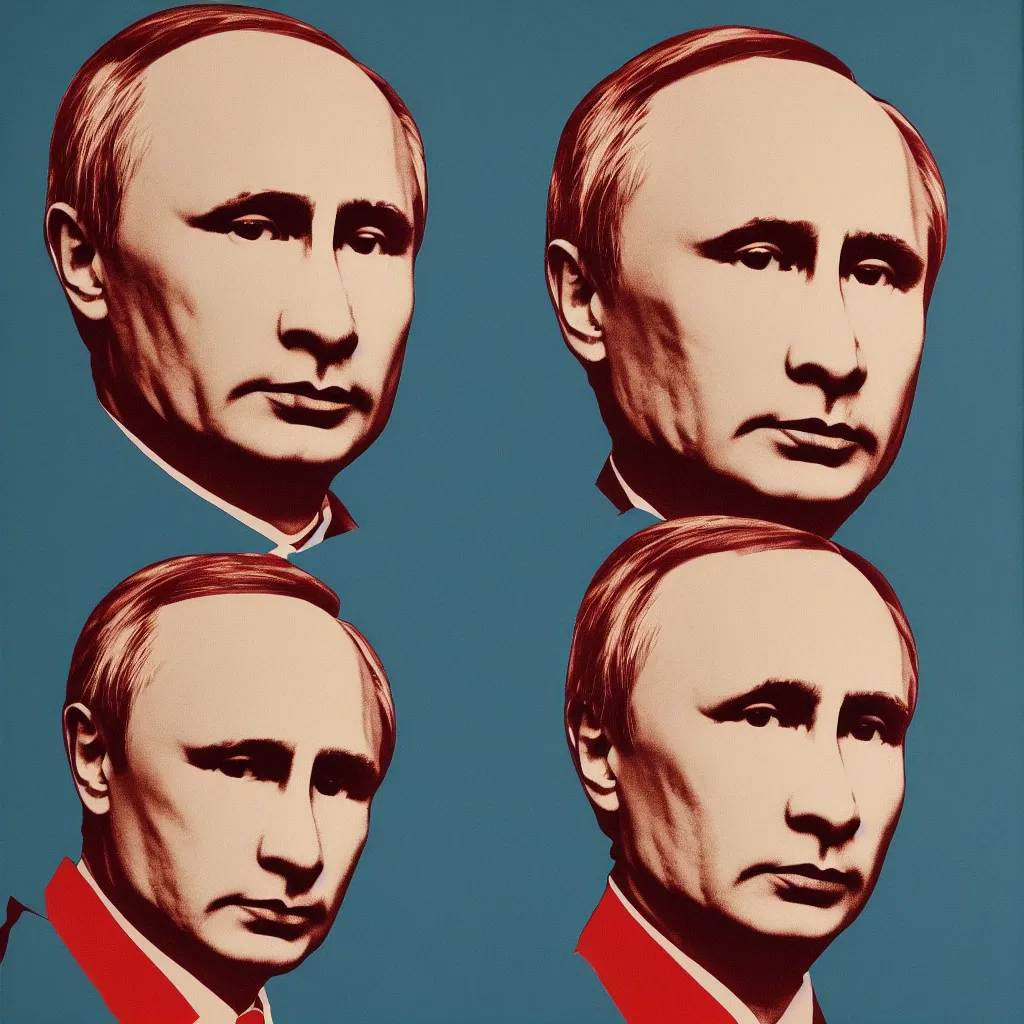 Prompt: individual silk screen portrait of putin by andy warhol