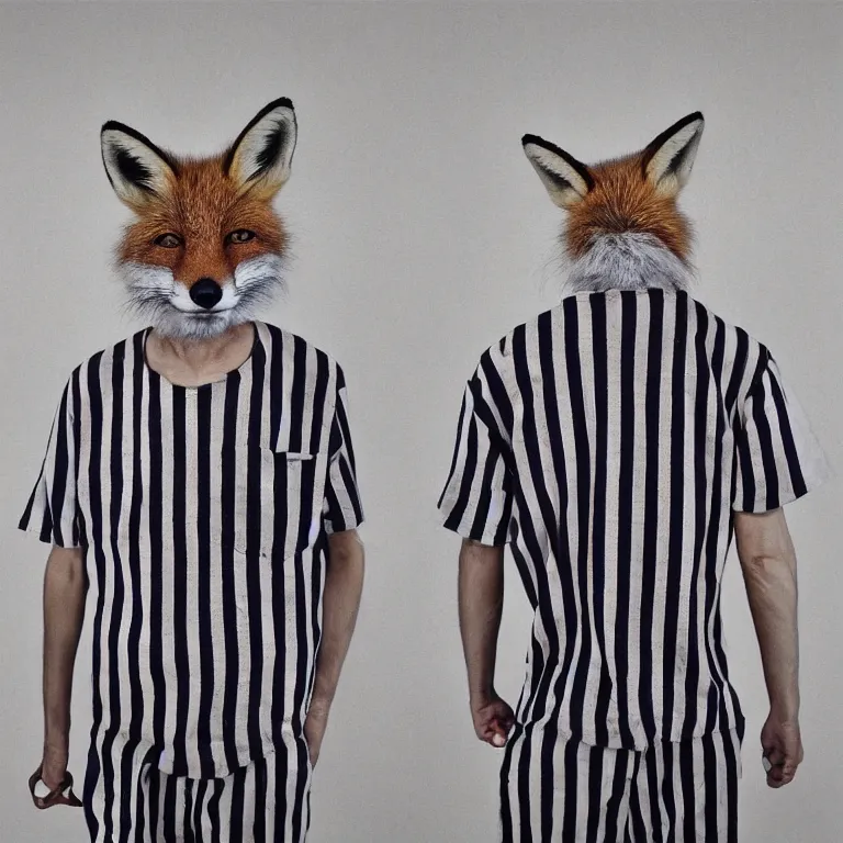 Prompt: fox headed man wearing striped prison clothing, colorized jail mugshot