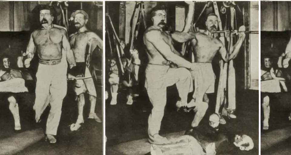 Image similar to photo in color, stalin and lenin in the gym, clear photo