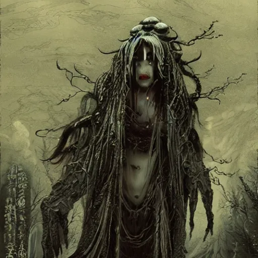 Image similar to black smoke creepy yuki - onna, 8 k resolution, horror creepy predator, trending on artstation, james gurney, ferdinand knab,