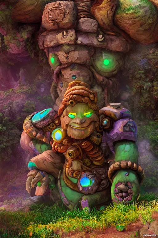 Image similar to zelda fantasy art giant golem troll wood rock greeble gemstone, global illumination ray tracing hdr fanart arstation by sung choi and eric pfeiffer and gabriel garza and casper konefal bastion forged hardmesh lisa frank zbrush central