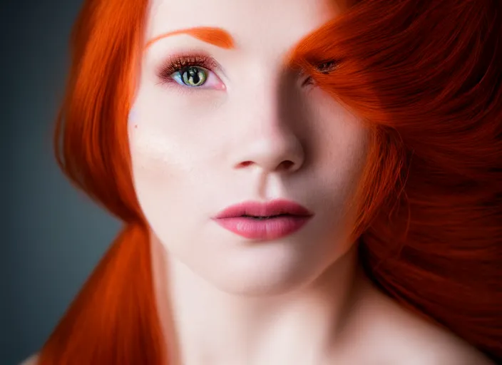 Image similar to 5 5 mm portrait photo of a redhead woman's face with ( intricate cat eyes )!!. highly detailed 8 k. intricate. lifelike. soft light. nikom d 8 5 0. cinematic post - processing