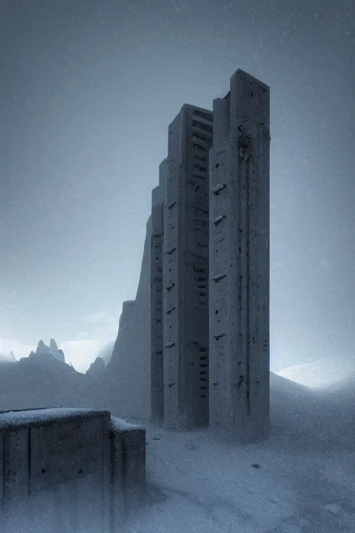 Prompt: sci - fi concrete brutalist architecture in the italian dolomites, snowfall, rutkowski, zaha hadid, beksinski, oil painting, photoreal, highly detailed, 8 k, hd, vray, artstation, cinematic matte painting, soft pastl sunset, extreme detail photo quality, dark moody colors, featured on behance