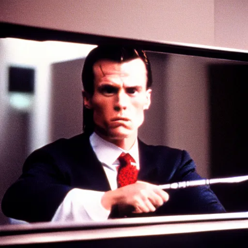 Prompt: movie still of American Psycho played by Donald Trump cinestill, 800t, 35mm, full-HD