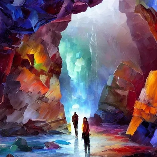 Prompt: A huge cave full of rainbow color crystals and gems on the ground, and stuck to the walls made of huge grey boulders, very dark, midnight, oil painting by Afremov and Greg Rutkowski.