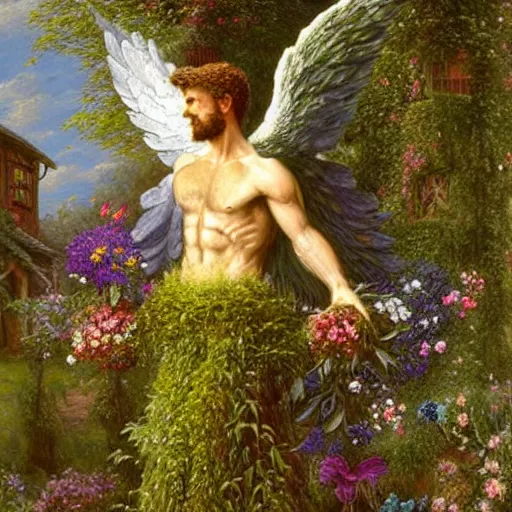 Prompt: a majestic winged male garden angel with a beard made of moss, he is clothed in vines and flowers standing in front of a beautiful cottage, an oil painting by thomas canty and thomas kincade