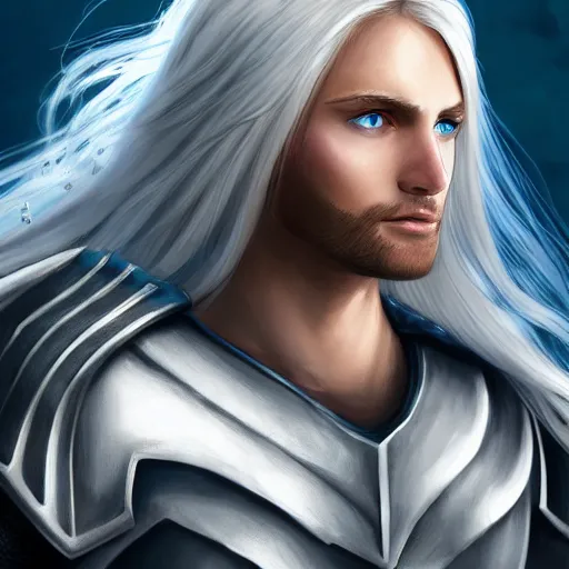 Image similar to Male Angelic being with long blonde hair and blue eyes with white and gold armor, ultra detailed, artstation, 8k, photorealistic, digital art.