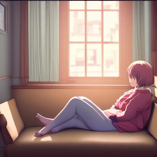 Image similar to girl sits on the sofa and listens to music, the sun shines through the window, highly detailed, 8 k, by kyoto animation