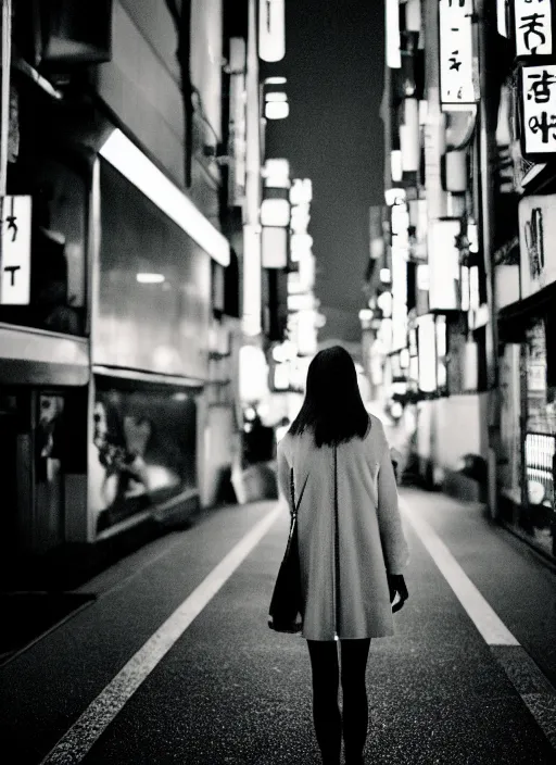 Image similar to symmetry!! a 2 8 mm photo from the back of a woman in tokyo, seen from a distance, long exposure, splash art, movie still, bokeh, canon 5 0 mm, cinematic lighting, dramatic, film, photography, golden hour, depth of field, award - winning, anamorphic lens flare, 8 k, hyper detailed, 3 5 mm film grain