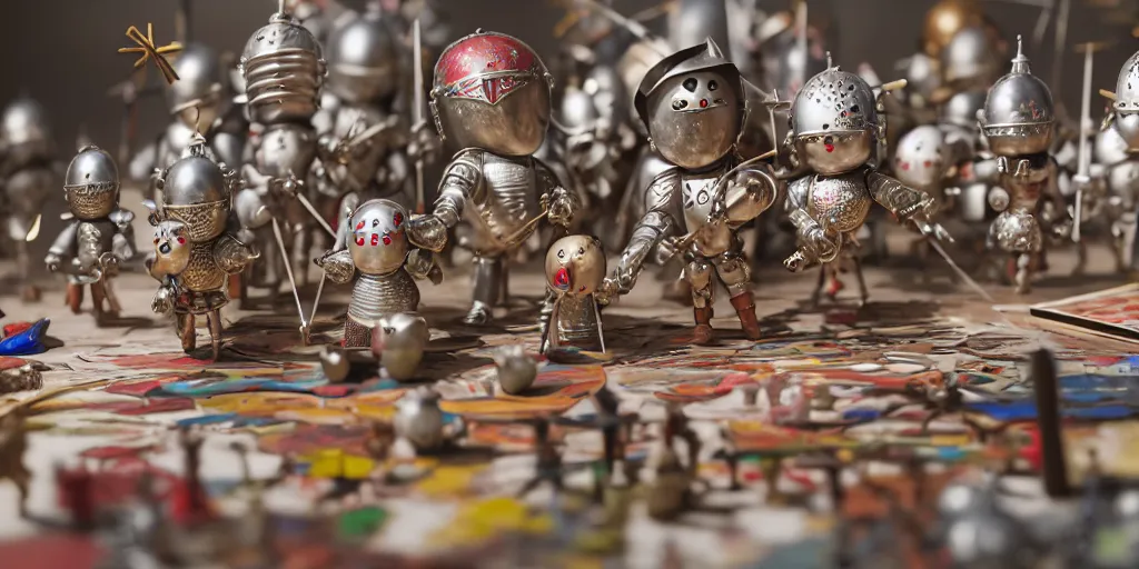 Image similar to closeup portrait of tin toy knights fighting on white paper table in an artist workshop, depth of field, zeiss lens, detailed, centered, fashion photoshoot, by nicoletta ceccoli, mark ryden, lostfish, breathtaking, 8 k resolution, extremely detailed, beautiful, establishing shot, artistic, hyperrealistic, octane render