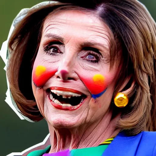 Image similar to Nancy Pelosi with colorful clown makeup all over her face