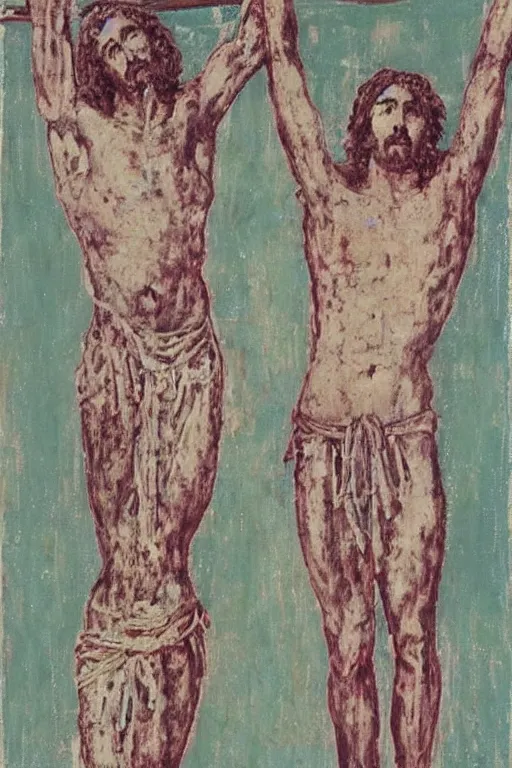 Image similar to jesus christ crucified painted by cy twombly and andy warhol