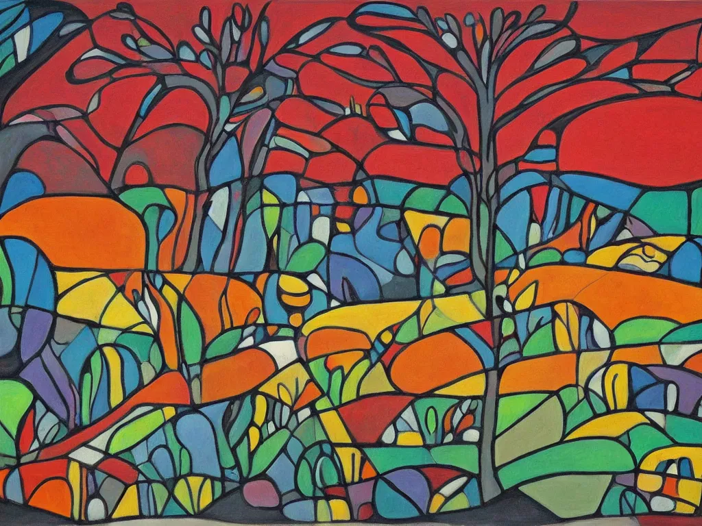 Prompt: a beautiful landscape painting by norval morriseau, trending on arstation