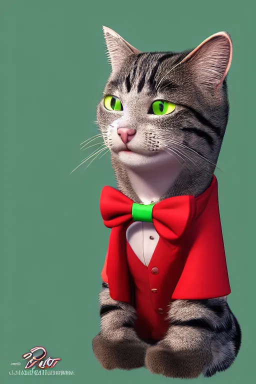 Image similar to a cat wearing a red and green formal overcoat, hyperrealistic, concept art, octane render, unreal engine 5, realistic and defined face, profile picture, digital art, pixar and disney, symmetrical, high quality, highly detailed, high coherence, path traced, house background, low contrast, beautiful