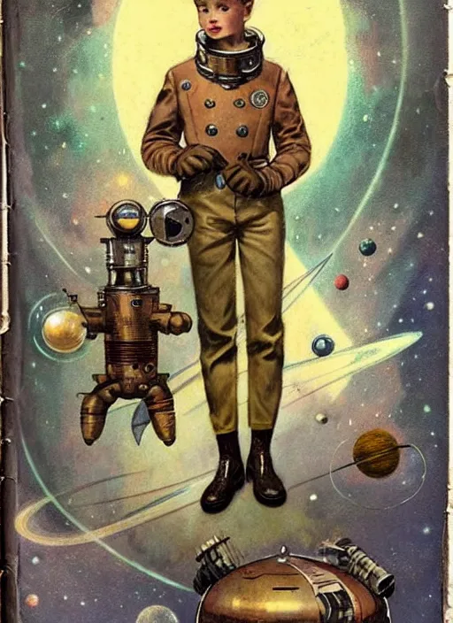 Prompt: ( ( ( ( ( 1 9 5 0 s pulp science fiction magazine cover art steampunk space inventer adventure boy explorer costume. muted colors. ) ) ) ) ) by jean - baptiste monge!!!!!!!!!!!!!!!!!!!!!!!!!!!!!!