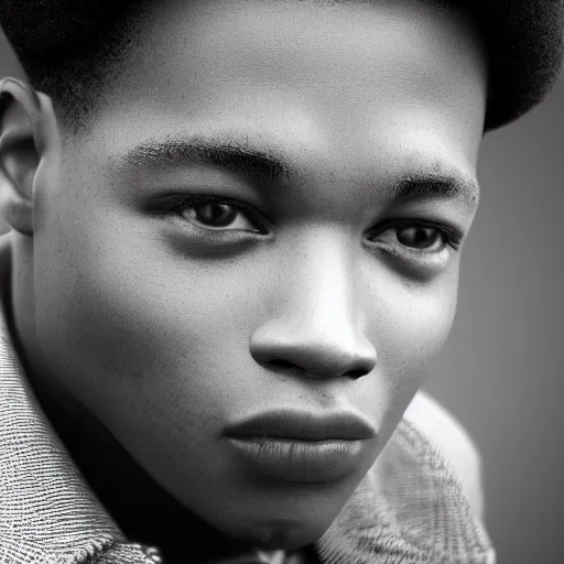 Prompt: a beautiful close - up from 1 9 4 0 of an african american young male. dressed in 1 9 4 0 s style. butterfly lightning. shallow depth of field, photorealistic, cinematic lighting, dusk, highly detailed, high detail, great lighting, 8 k resolution, masterpiece, clear eyes, hdr, trending on artstation, 4 k, 8 k, hd