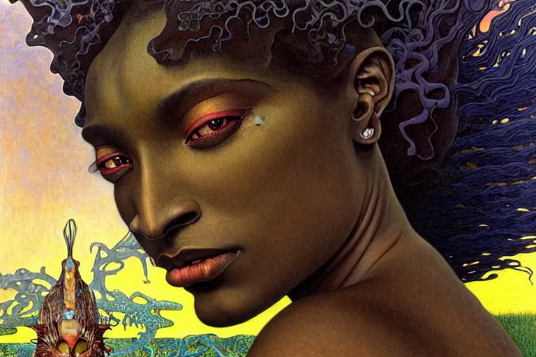 Image similar to realistic extremely detailed closeup portrait painting of a beautiful black woman, mutant dragon and a single old house on background by Jean Delville, Amano, Yves Tanguy, Alphonse Mucha, Ernst Haeckel, Edward Robert Hughes, Roger Dean, rich moody colours