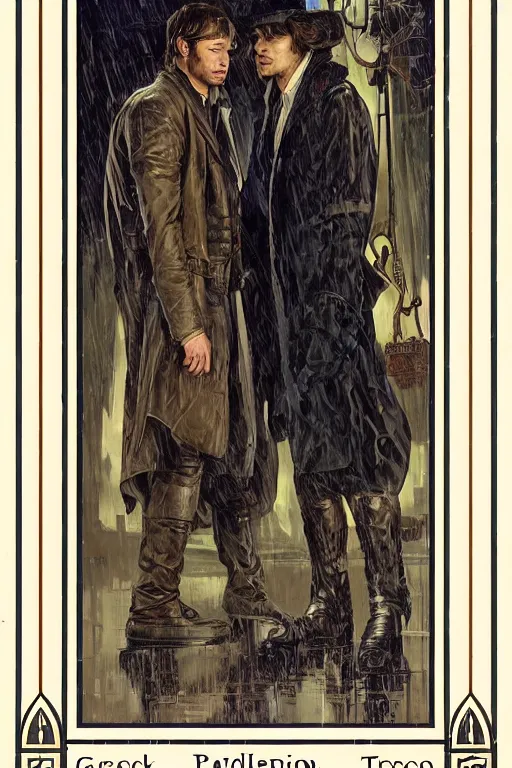 Image similar to a detailed tarot card of jensen ackles and jared padalecki in a supernatural sherlock holmes story, 1 8 th century london in the rain, city streets, ominous, masterpiece, 8 k, art by alphonse mucha and greg rutkowski