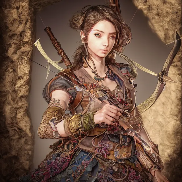 Image similar to the portrait of lawful neutral semi - colorful female archer huntress as absurdly beautiful, gorgeous, elegant, young girl, an ultrafine hyperdetailed illustration by kim jung gi, irakli nadar, intricate linework, bright colors, octopath traveler, final fantasy, unreal engine 5 highly rendered, global illumination, radiant light, detailed and intricate environment