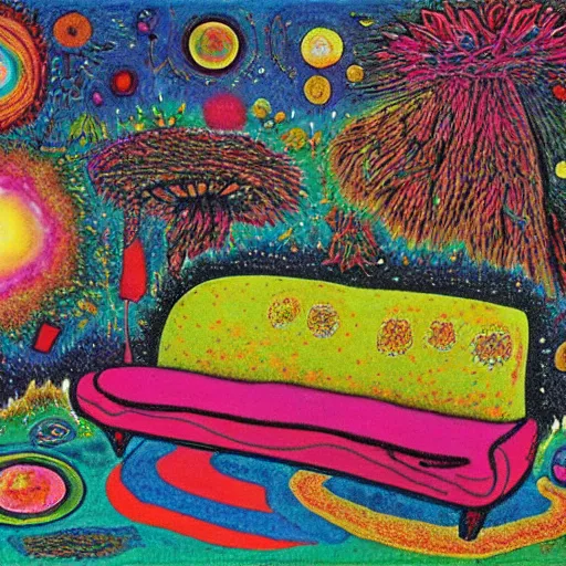 Prompt: psychedelic trippy couch in the lush forest, planets, flowers, mushrooms milky way, sofa, cartoon by mordecai ardon