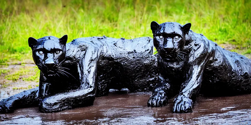 Image similar to a panther, made of tar, bathing inside the tar pit, full of tar, covered with liquid tar. dslr, photography, realism, animal photography, color, savanna, wildlife photography