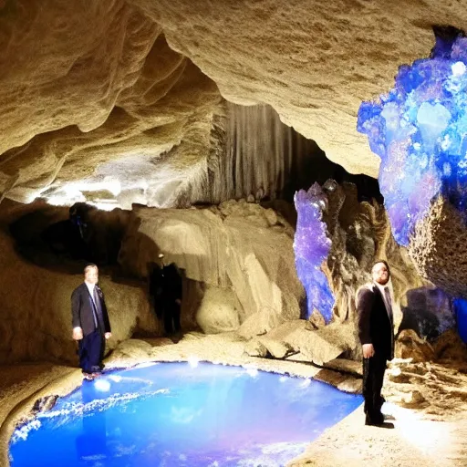 Image similar to rich businessmen inside the cave, blue crystals