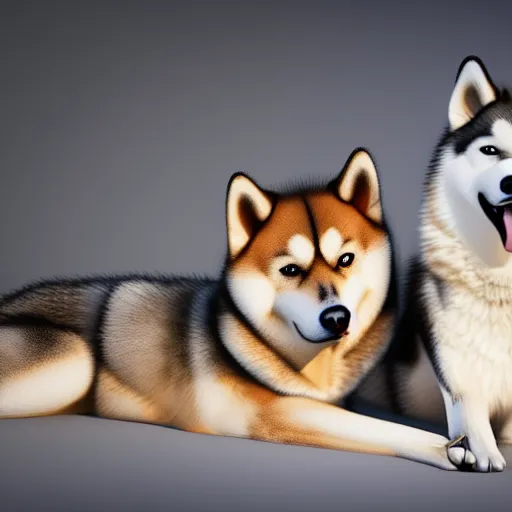 Prompt: a hyperdetailed photograph of a shiba inu hugging a husky malamute in a bright room, hd, 8 k resolution