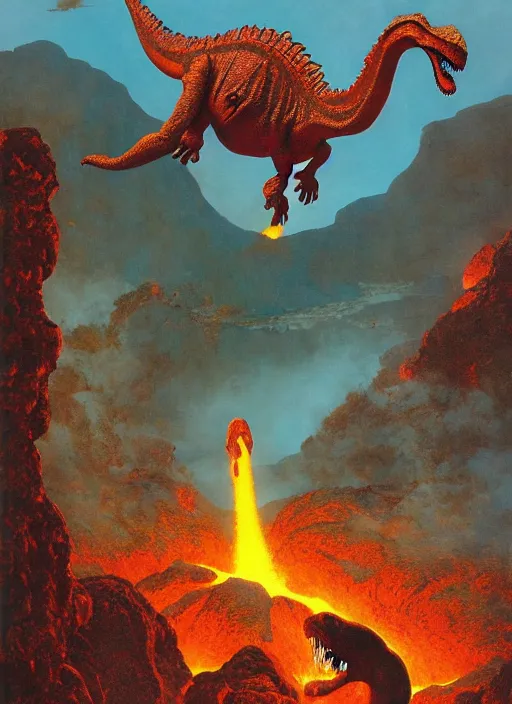 Image similar to dinosaur lava volcano, dynamic action, by lawrence alma - tadema and zdzislaw beksinski and norman rockwell and jack kirby and tom lovell and greg staples, artstation creature art