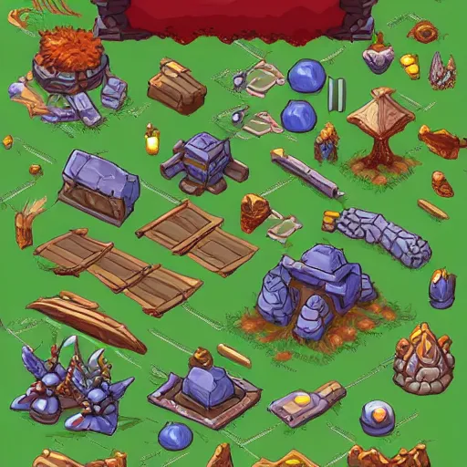 Prompt: A game assets spritesheet by breath of fire 4 . HD vector Containing modular props, terrain, trees, 2d side view, platform, vector art, very detailed