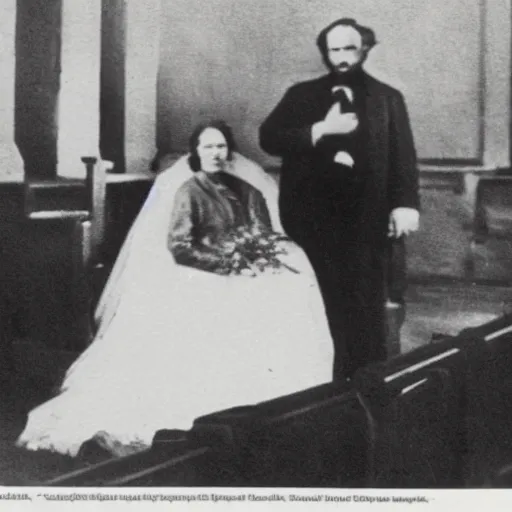 Image similar to Karl Marx and Ayn Rand marrying, wedding photo, 1920, Church altar backround