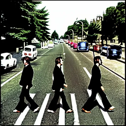 Image similar to iconic beatles album cover with llamas