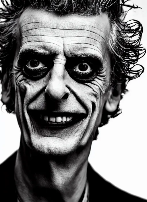 Image similar to photo of Peter Capaldi as the Joker by Lee Jeffries and Eolo Perfido, big smile, head shot, detailed, award winning, Sony a7R