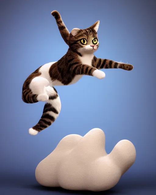 Image similar to full body 3d render of a cat leaping mid air as a stylized action figure, studio lighting, white background, blender, trending on artstation, 8k, highly detailed