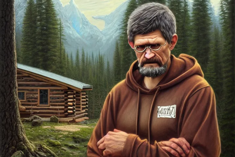 Prompt: ted kaczynski in a hoodie. log cabin background. oil painting elegant, highly detailed, centered, digital painting, artstation, concept art, smooth, sharp focus, illustration, artgerm, tomasz alen kopera, peter mohrbacher, donato giancola, joseph christian leyendecker drew struzan