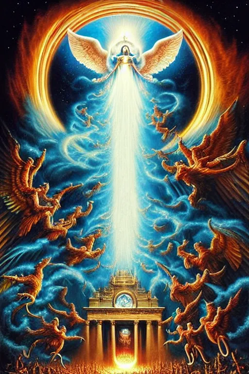 Prompt: a photorealistic detailed cinematic image of guardian spirits guiding a departed soul crossing the ornate portal to the afterlife. powerful, triumph, glory, astonishing, met by friends and family, overjoyed, by pinterest, david a. hardy, kinkade, lisa frank, wpa, public works mural, socialist