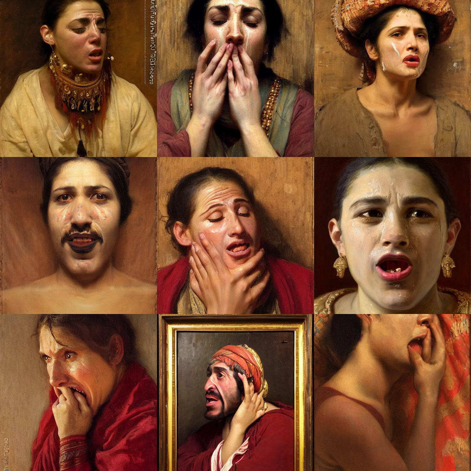 Image similar to orientalism mouth open crying tears face portrait by Edwin Longsden Long and Theodore Ralli and Nasreddine Dinet and Adam Styka, masterful intricate art. Oil on canvas, excellent lighting, high detail 8k