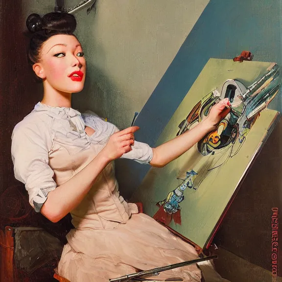 Image similar to robot artist painting a self - portrait on a canvas. intricate, highly detailed, photorealistic, film still, by gil elvgren, sachin teng, carl spitzweg, hans thoma, alexandros pyromallis.